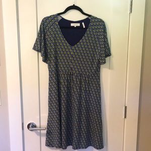 Lark & Ro Blue and Yellow Floral V-Neck Dress Size 14